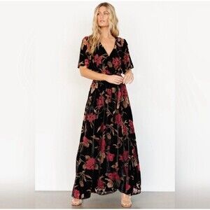 Baltic Born Uma Velvet Floral faux wrap Vneck midi side slit Dress Size XL